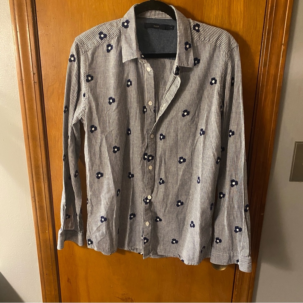 Pin Striped Button-Down Shirt with Navy Floral Embroidery 100% cotton